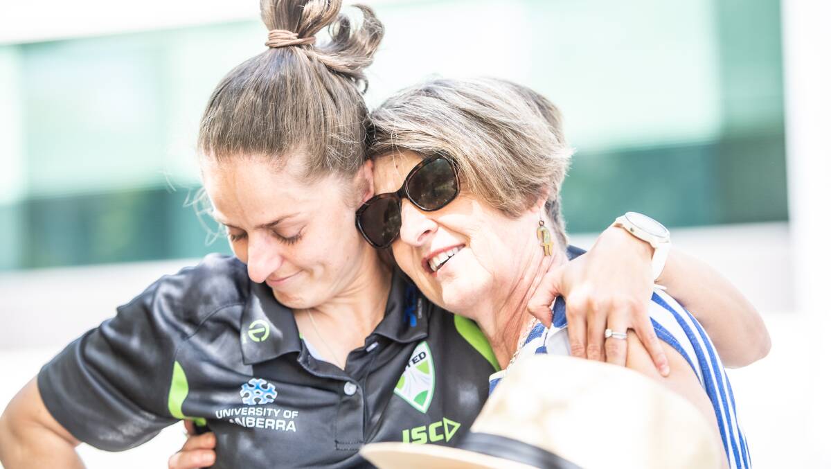 Ellie Brush and mum Margaret have a hug after an emotional press conference on Wednesday. Picture by Karleen Minney