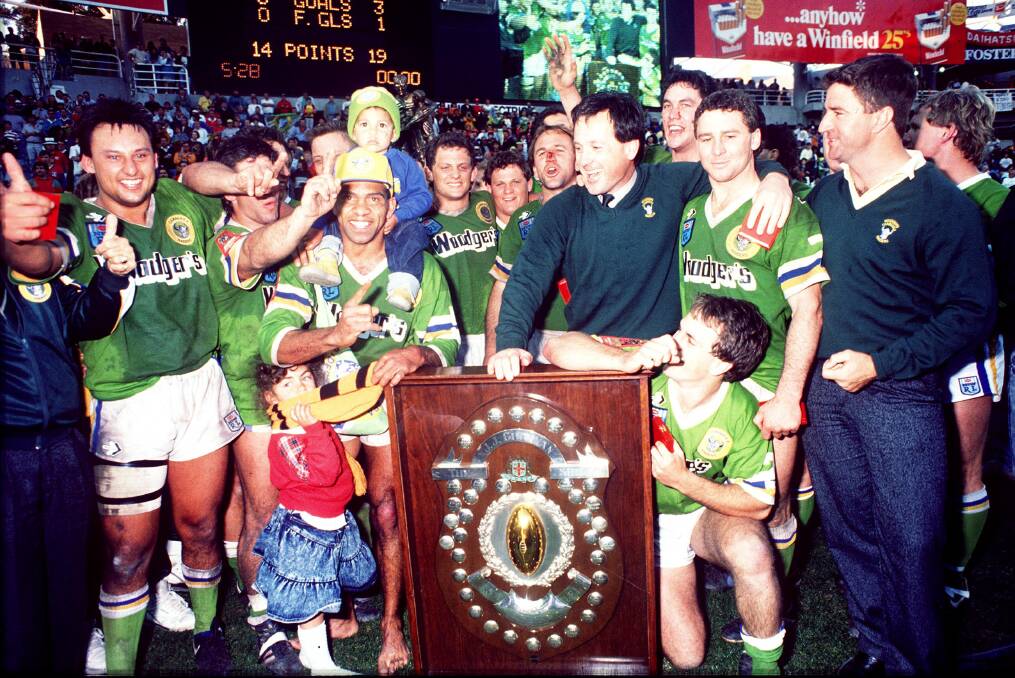 Above: It's been 30 years since the Raiders won their first premiership.
Below: Josh Hodgson and Ricky Stuart at the Raiders' final training session on Saturday. Pictures: NRL Images