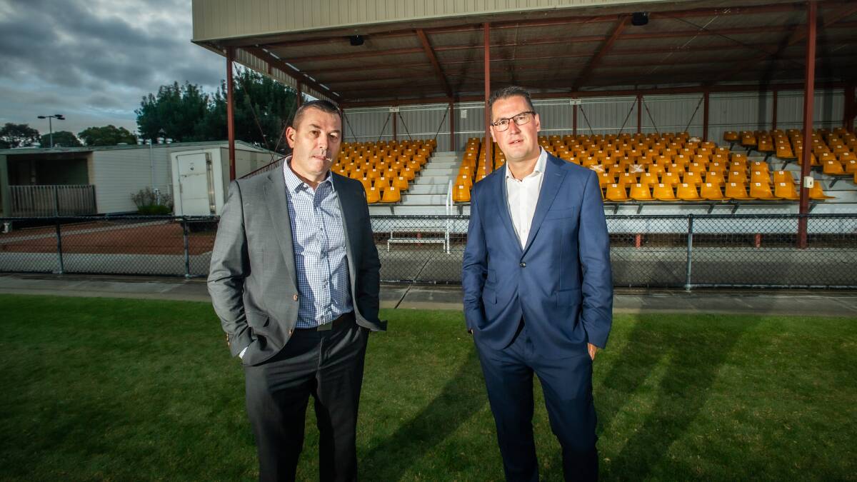 Zed Seselja and Vikings Group chief executive Anthony Hill are working to build a 10,000 seat venue at Wanniass. Picture: Karleen Minney