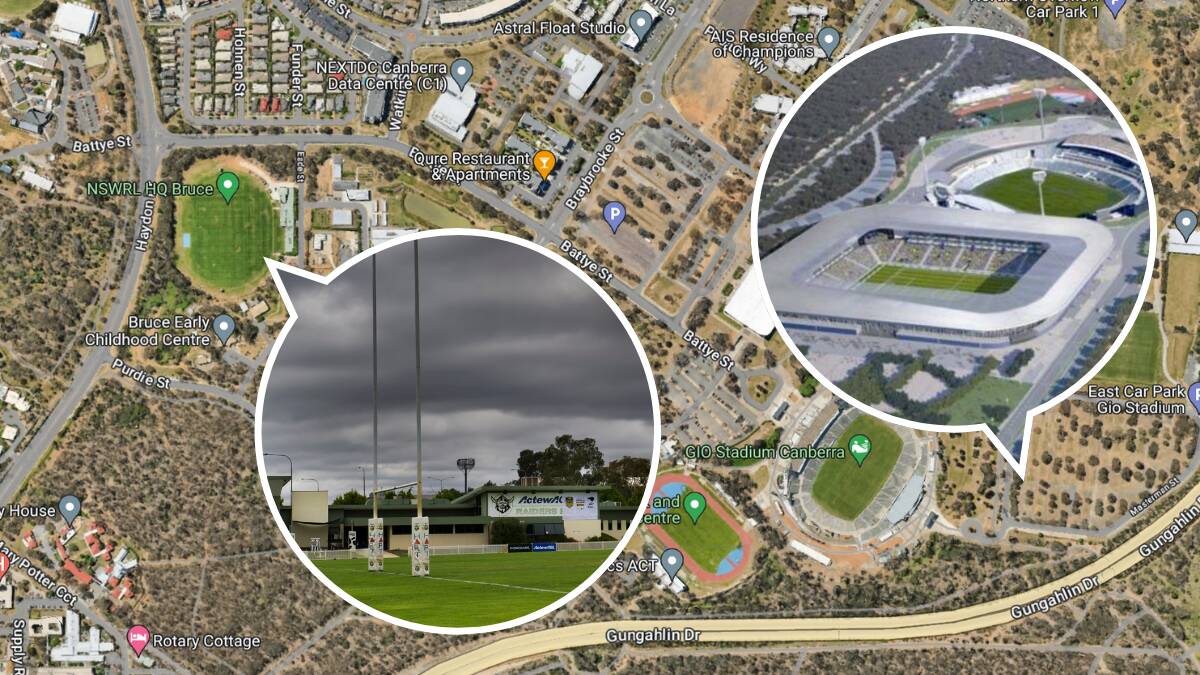 The old Raiders headquarters off Hayden Drive, left, and the eastern side of Canberra Stadium, right, are the preferred locations for new stadiums.