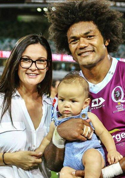 Henry Speight with partner Louise and son Josefa after a game at Canberra Stadium in January. Picture: Supplied