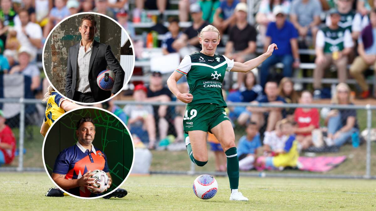 A-Leagues boss Nick Garcia, top inset, and Michael Caggiano, bottom inset, have been working to launch a Canberra men's team. The men's team will likely takeover ownership of the Canberra United women's side. Main picture by Keegan Carroll