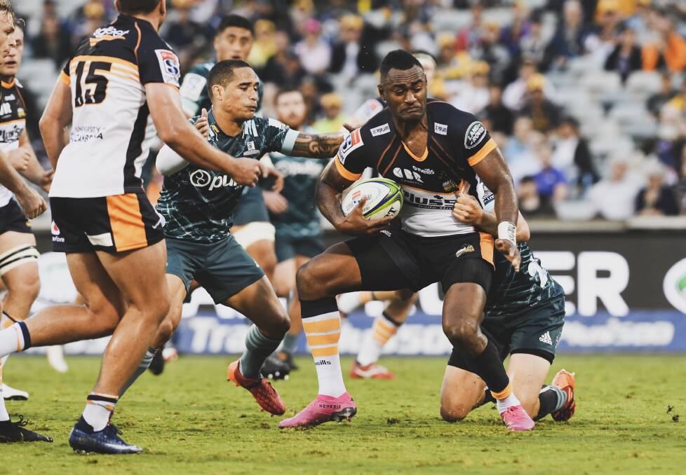 Tevita Kuridrani is tackled in the first half against the Highlanders. Picture: Dion Georgopoulos