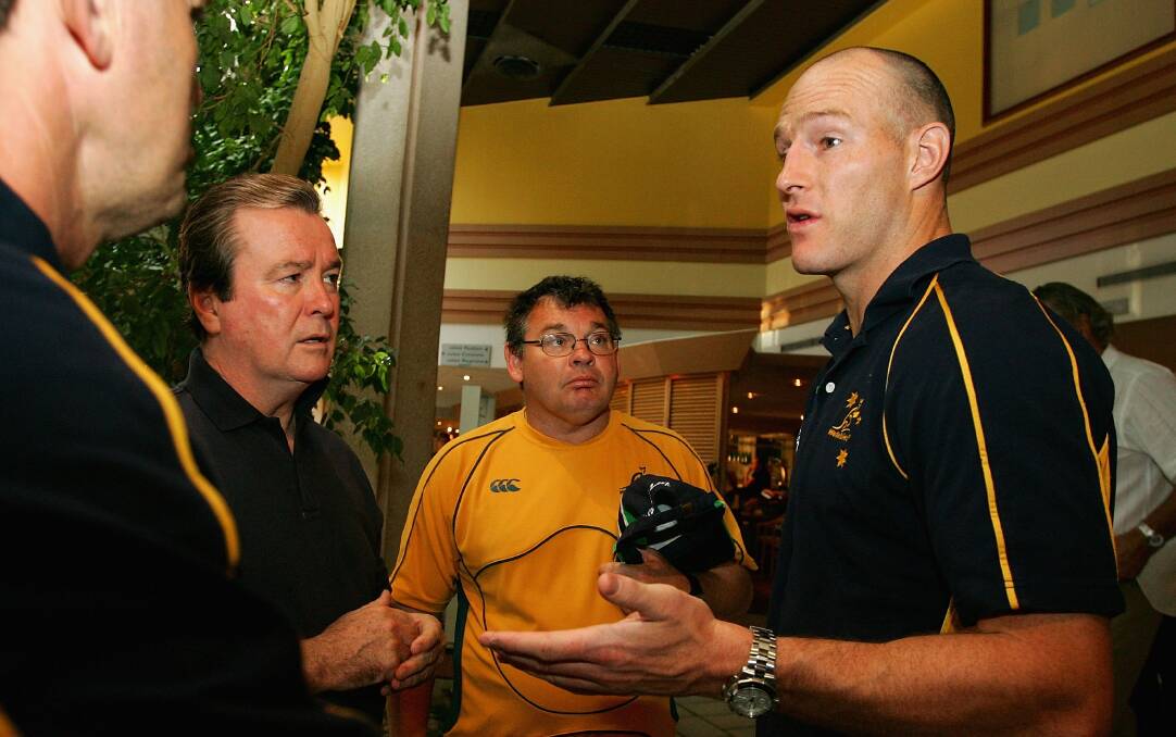 Peter McGrath, centre, with John O'Neill (left) and Wallabies captain Stirling Mortlock at the 2007 World Cup. Picture: Getty Images