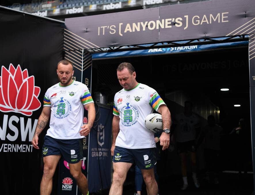 Josh Hodgson and Ricky Stuart at the Raiders' final training session on Saturday. Picture: NRL Images