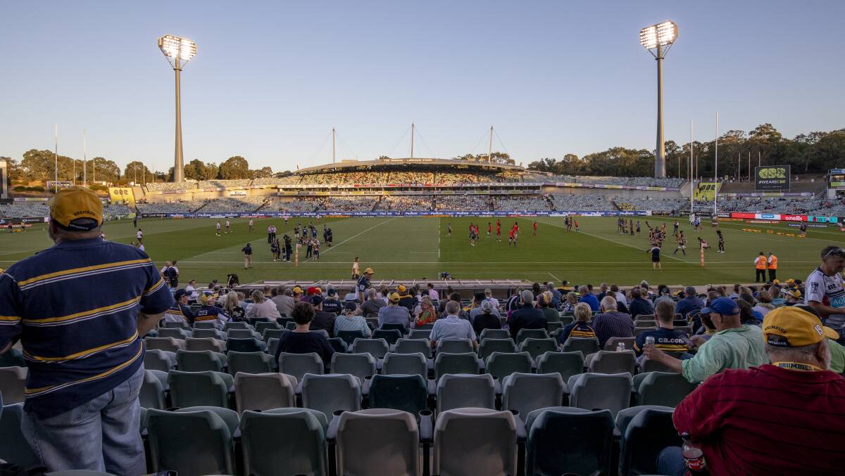 Brumbies crowds have dipped even for day-time kick-offs in recent years. There were just over 6000 people at the clash against the NSW Waratahs in Canberra last weekend. Pictures: Sitthixay Ditthavong, Keegan Carroll