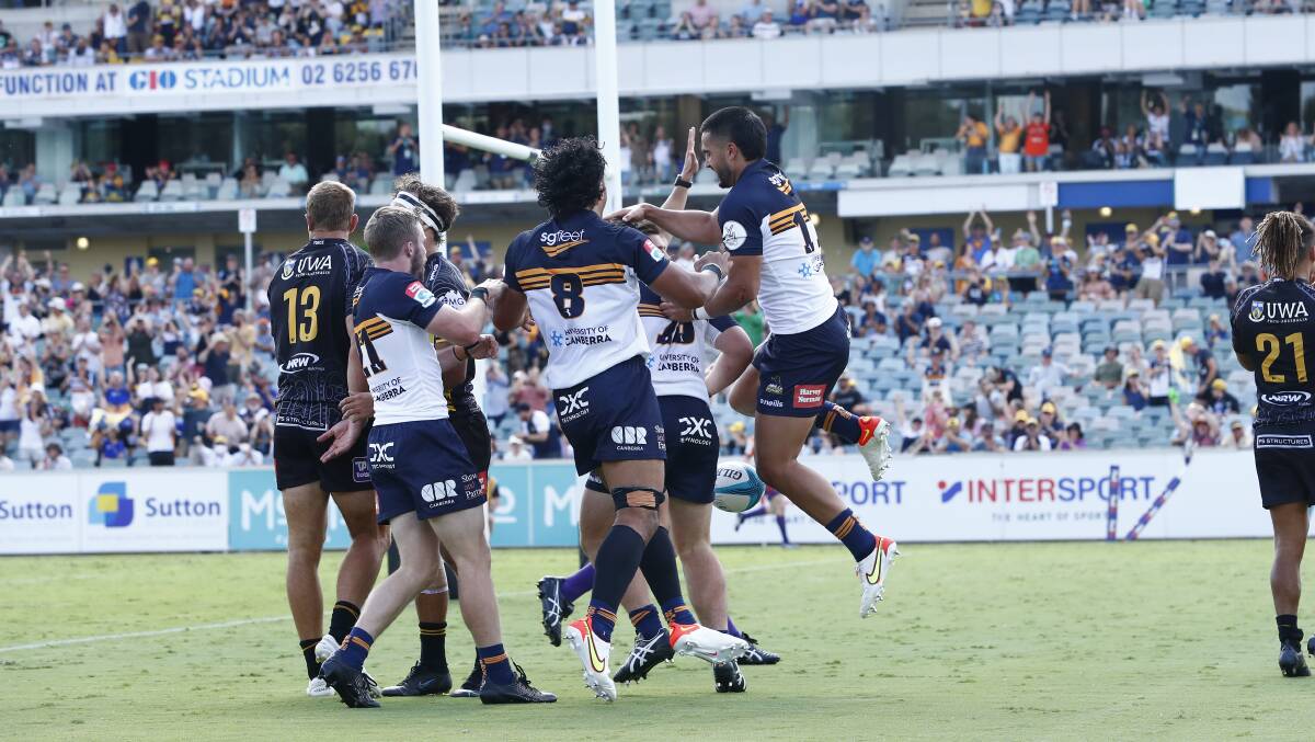 The Brumbies celebrate their late match-winner against the Force. Picture: Keegan Carroll