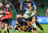 Blake Schoupp, left, injured his shoulder as the Brumbies beat the Force in Perth. Pictures Getty Images