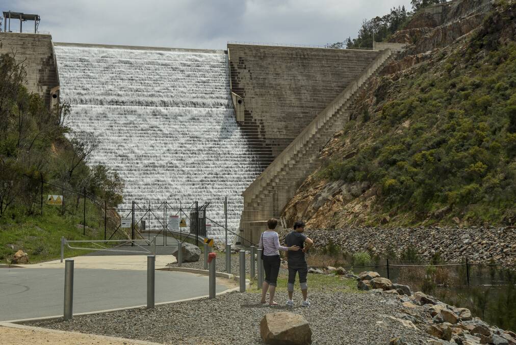 Cotter dam is overflowing as Canberra's water storage nears capacity. Picture: Sitthixay Ditthavong