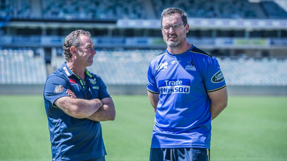 Raiders coach Ricky Stuart will lead his team into battle against the Titans on March 26. Brumbies coach Dan McKellar will lead the Brumbies into a game against the Chiefs on the same day. Picture: Karleen Minney 
