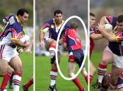 Matt Cousins, No. 9 in the centre photo, is seen here playing against the great Mal Meninga. Paul Osborne also played in the match.