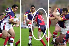 Matt Cousins, No. 9 in the centre photo, is seen here playing against the great Mal Meninga. Paul Osborne also played in the match.