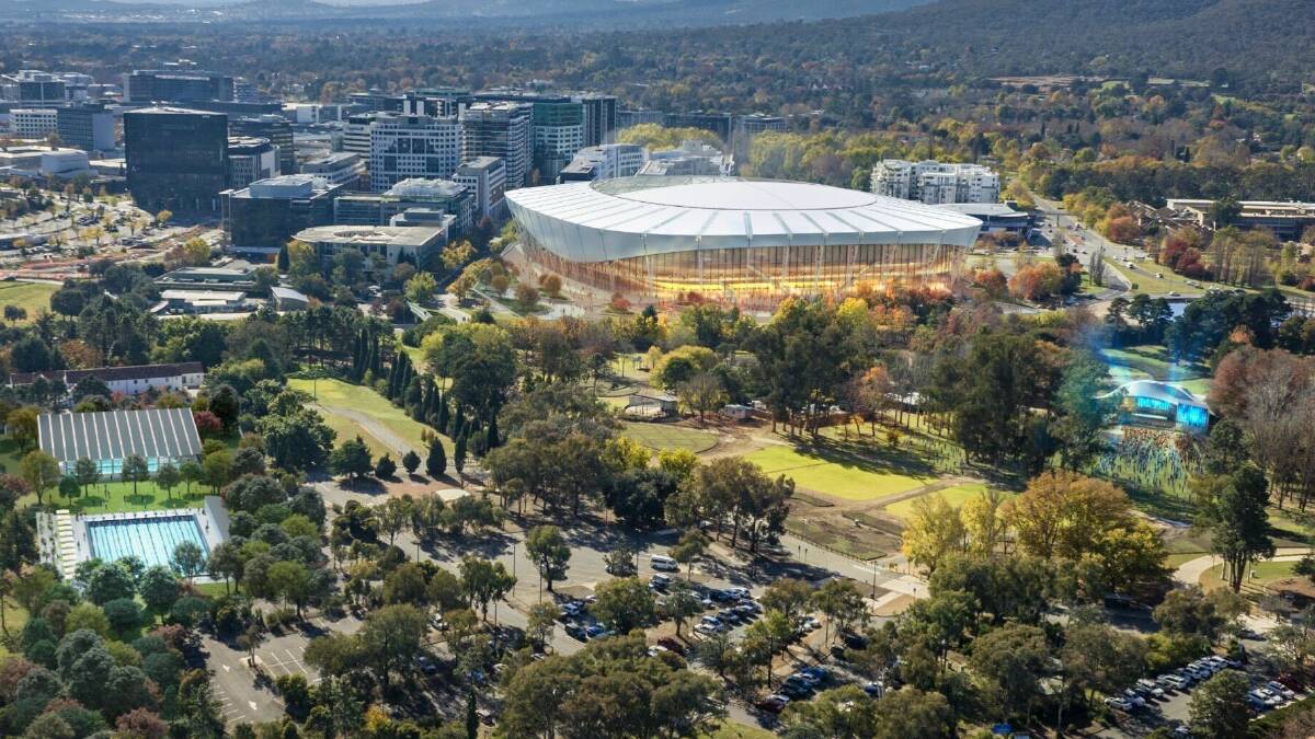 An artist's impression of what a new stadium in the city could look like, with a new pool in Commonwealth Park and Parkes Way being turned into a tunnel. Picture supplied