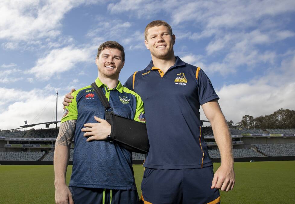 Raiders star John Bateman and Brumbies lock Blake Enever hope to get hometown game time this year. Picture: Sitthixay Ditthavong