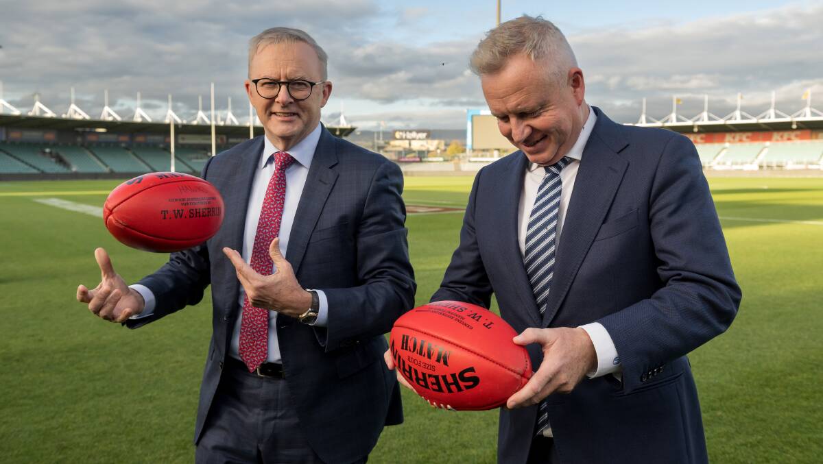 Prime Minister Anthony Albanese and Tasmania Premier Jeremy Rockliff have agreed to $305 million in stadium funding. Picture by Phillip Briggs