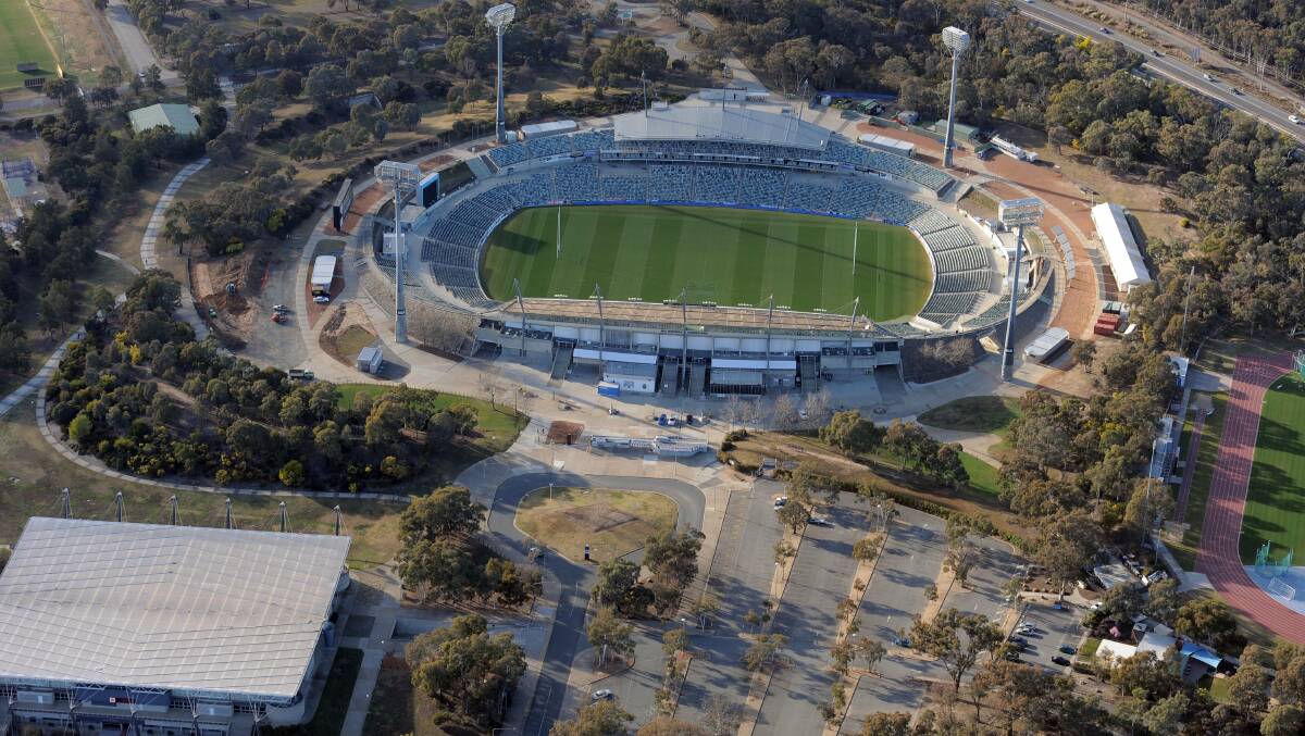 Canberra Stadium and the AIS Arena, bottom left, are assets the Australian Sports Commission could sell. Picture by Graham Tidy