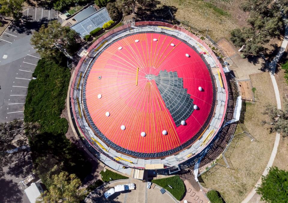 An aerial view of the Shine Dome, which is still being repaired after hail damage on January 20 last year. Picture: Avon Dissanayake
