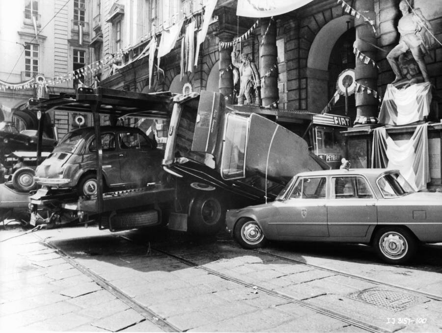 The mayhem which resulted in the wake of the famous Minis racing their heisted gold bullion through the streets and sewers of Turin in The Italian Job. Picture: Getty Images