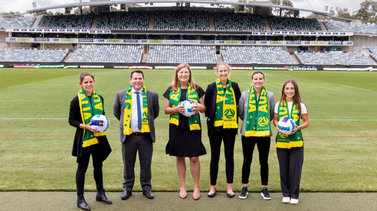 ACT Sport Minister Yvette Berry, centre, announced the Matildas game earlier this year.