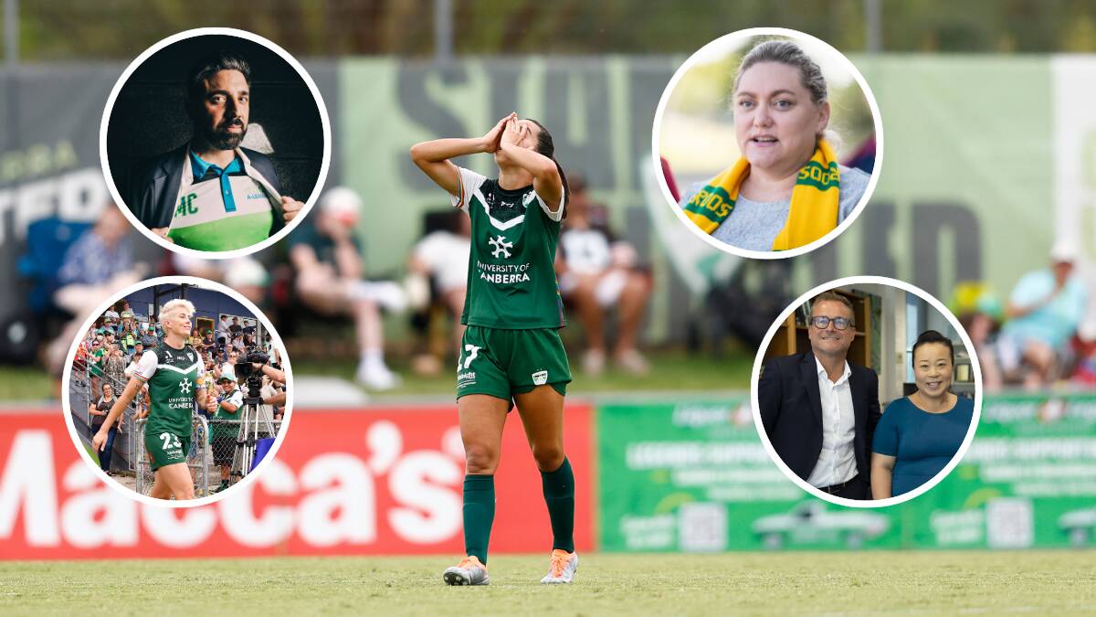 Canberra United players fear for the club's future. Insets: Canberra bid leader Michael Caggiano, Capital Football boss Sam Farrow, Michelle Heyman, and former APL boss Danny Townsend with Canberra Liberals leader Elizabeth Lee.