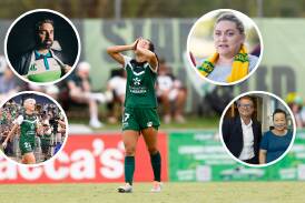Canberra United players fear for the club's future. Insets: Canberra bid leader Michael Caggiano, Capital Football boss Sam Farrow, Michelle Heyman, and former APL boss Danny Townsend with Canberra Liberals leader Elizabeth Lee.