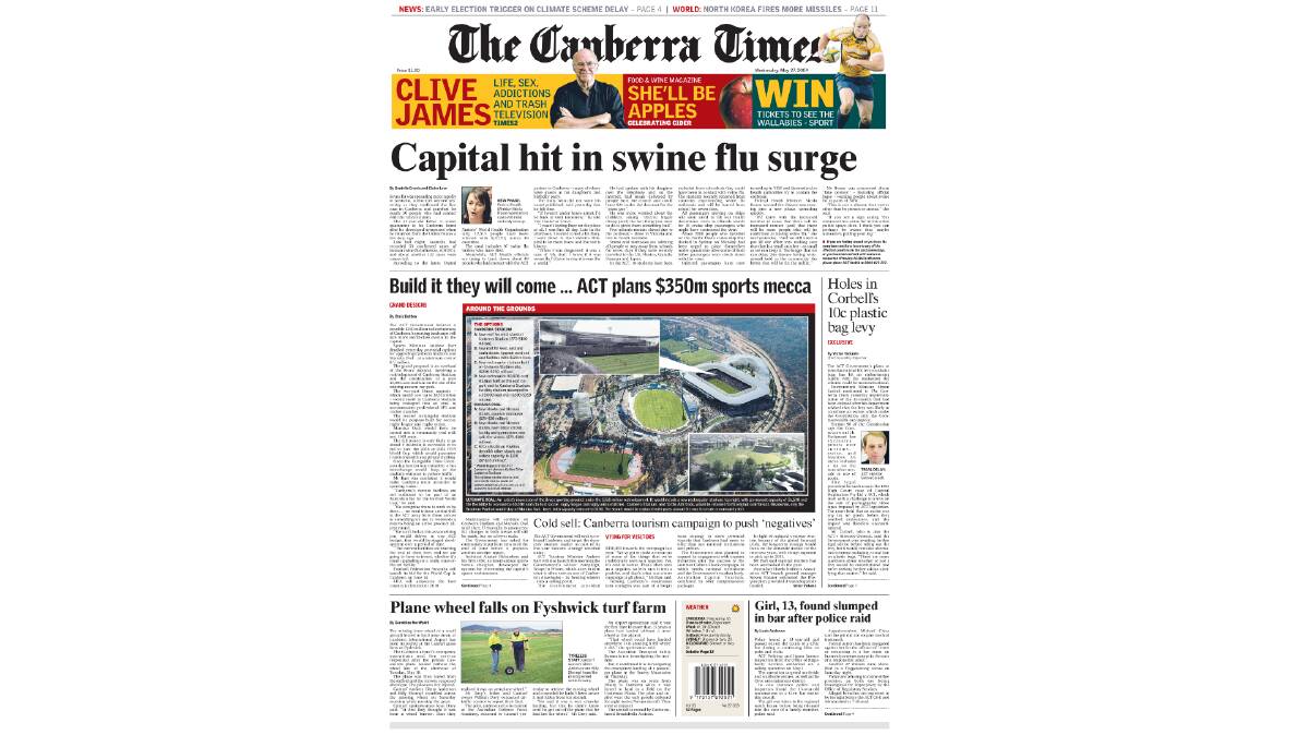The Canberra Times' May 27, 2009 front page story on Andrew Barr's stadium announcement.