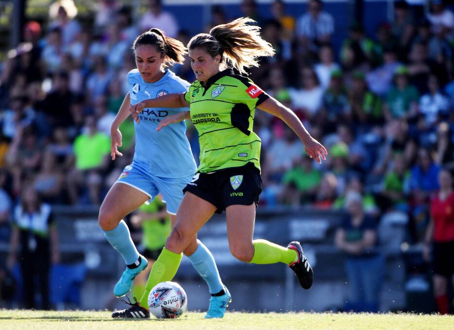 Katie Stengel, right, scored Canberra's goal in the second half. Picture: Getty Images