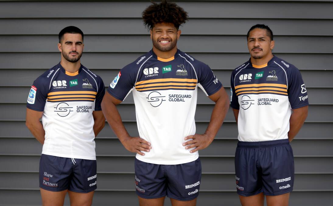 Brumbies trio Tom Wright, Rob Valetini and Pete Samu model the Brumbies' new jersey for this year. Picture by James Croucher