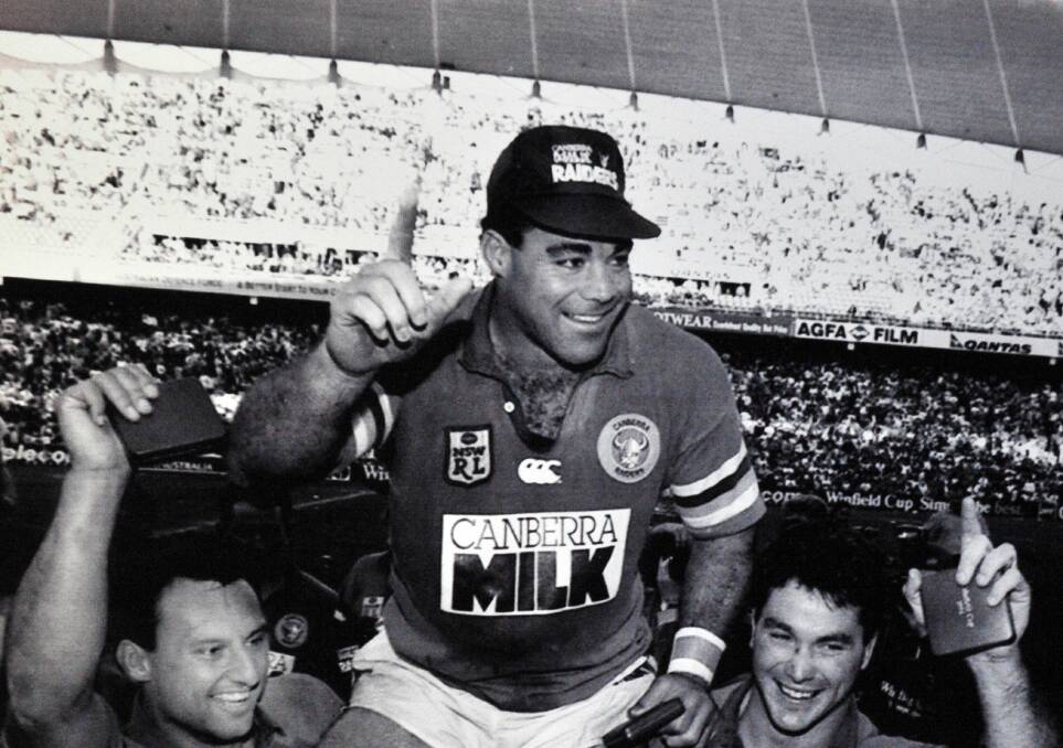 Raiders captain Mal Meninga wearing the 1994 Canberra Milk jersey.