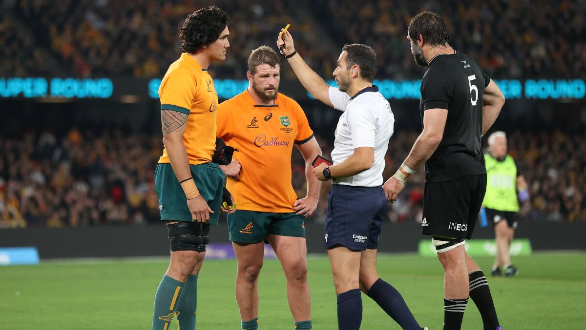 Darcy Swain, left, was given a yellow card for his hit on Quinn Tupaea in the first Bledisloe Cup game. Picture Getty Images