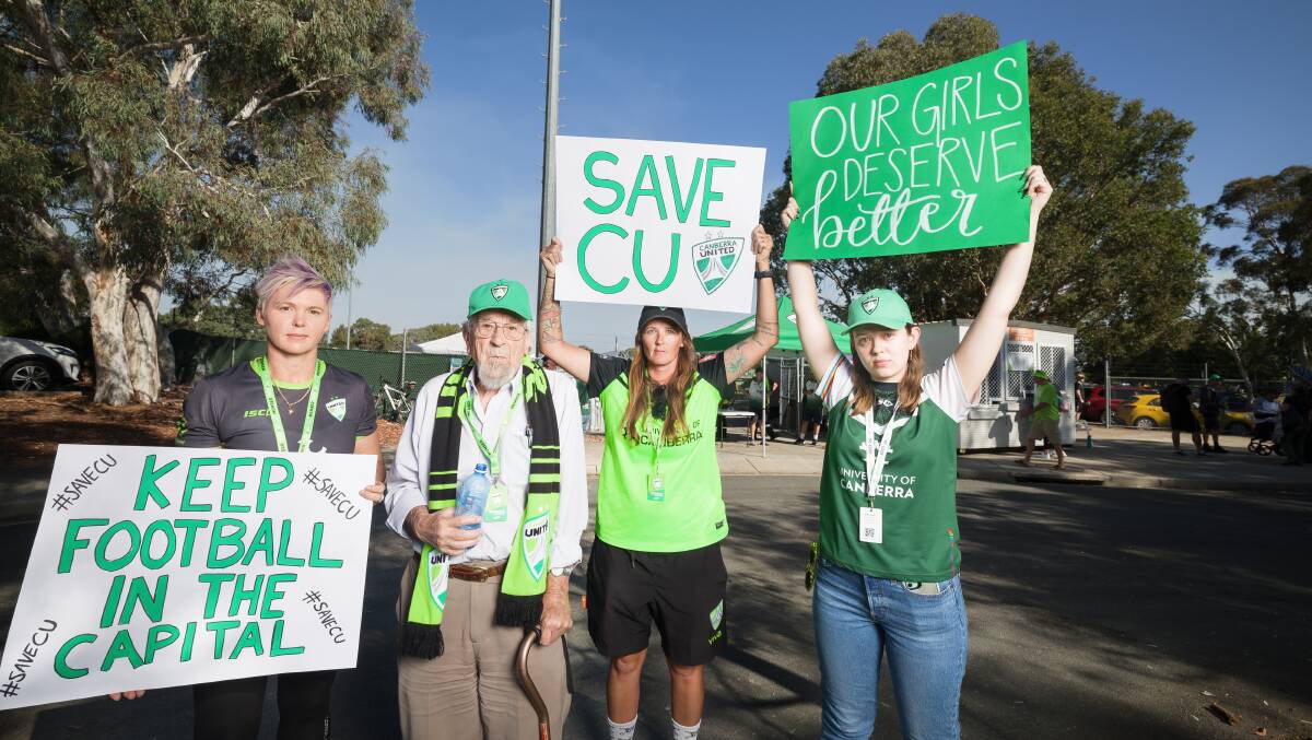 Canberra United fans Sue Read, John Medally, Jo McLaughlin and Brydie Foulds at the team's last home game. Picture by Sitthixay Ditthavong