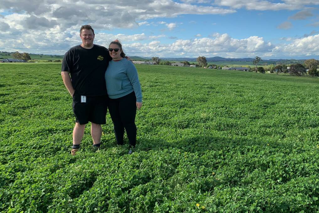 Claire Lubransky and Chris Kafer on their block of land at Murrumbateman. Picture: Supplied