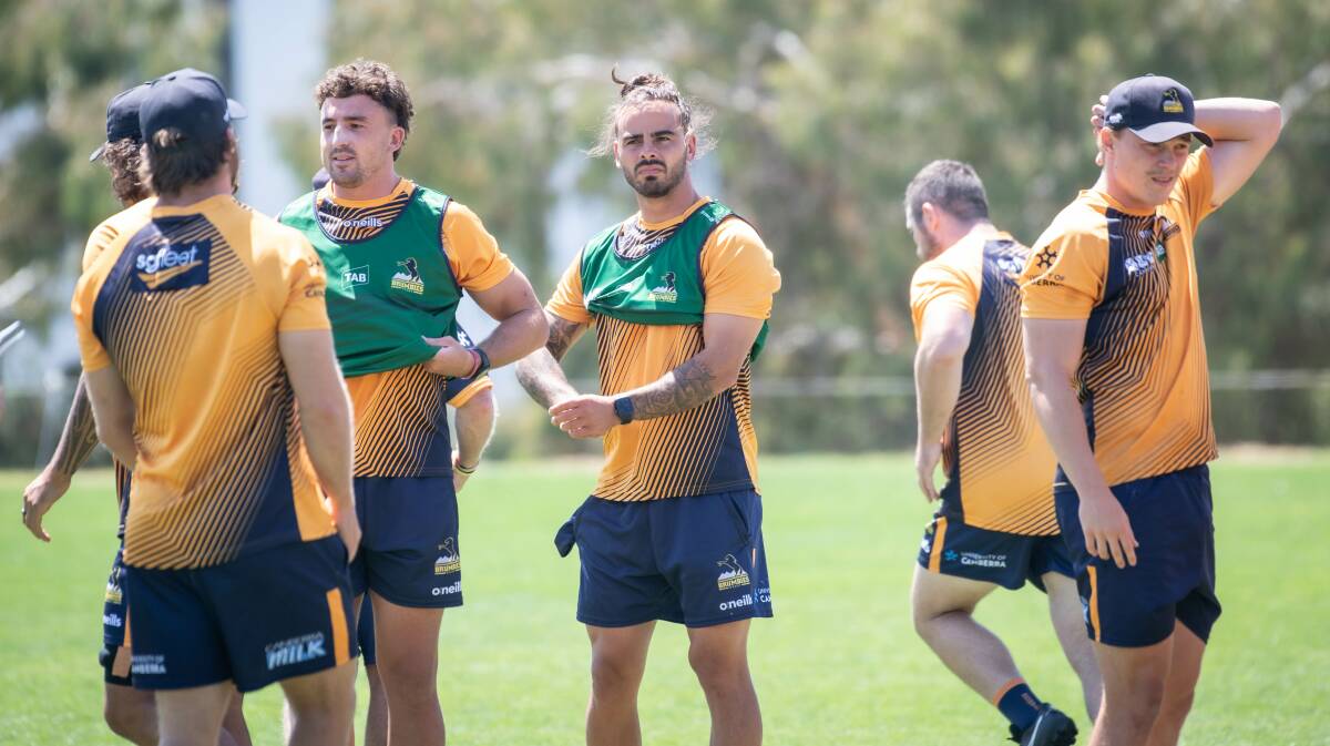 Andy Muirhead, centre, will play his 50th game for the Brumbies on Sunday. Picture: Karleen Minney