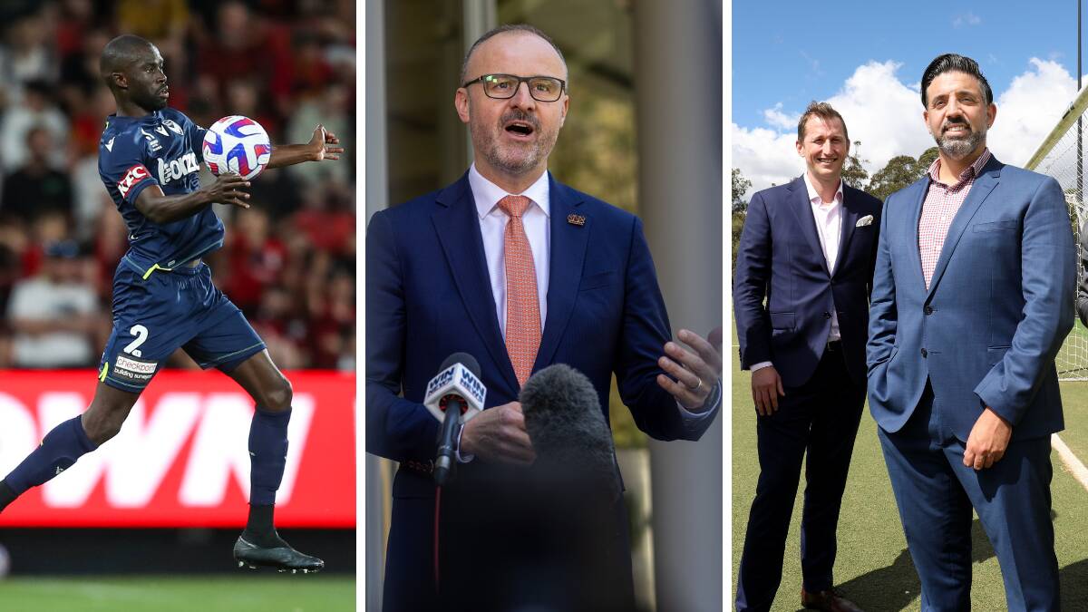 ACT Chief Minister Andrew Barr, centre, has agreed to give written confirmation of his intention to give a Canberra A-League team funding. Jason Geria, left, may be a recruitment target, while the APL is using Michael Caggiano's bid plans as a foundation for the team.