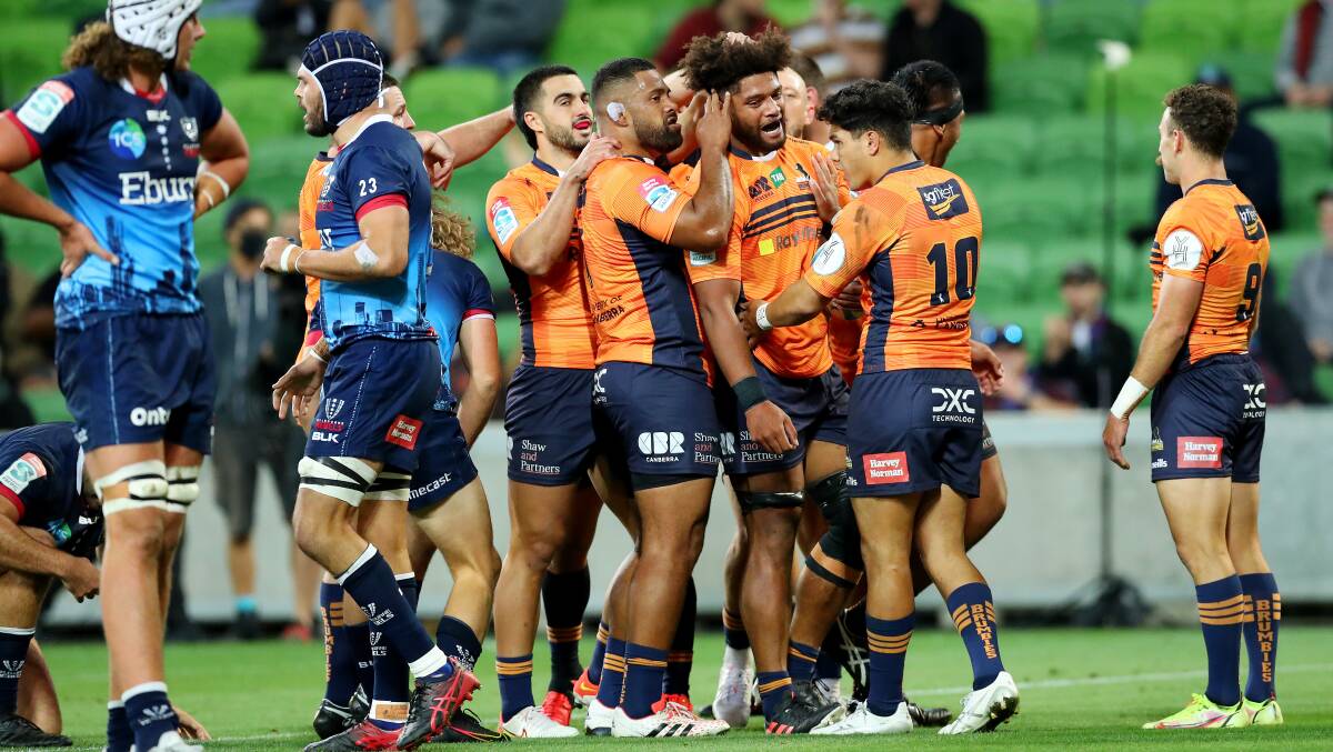 Rob Valetini is congratulated by teammates after scoring against the Rebels. Picture: Getty Images