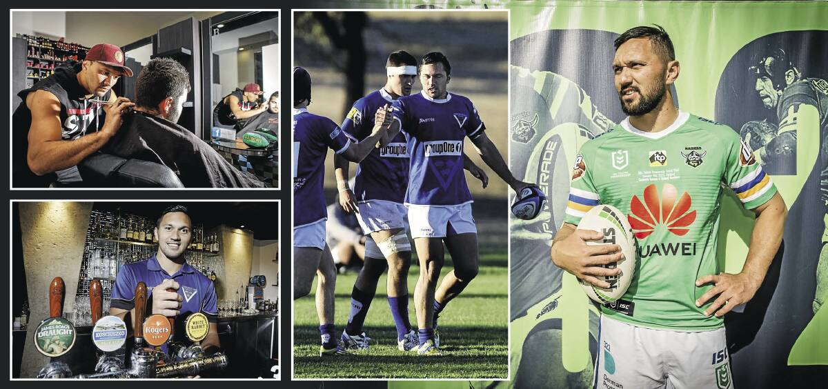 Jordan Rapana moved to Canberra as a rugby player, morphed into a barman and barber before getting a shot at the Raiders. Pictures: Karleen Minney, Jeffrey Chan