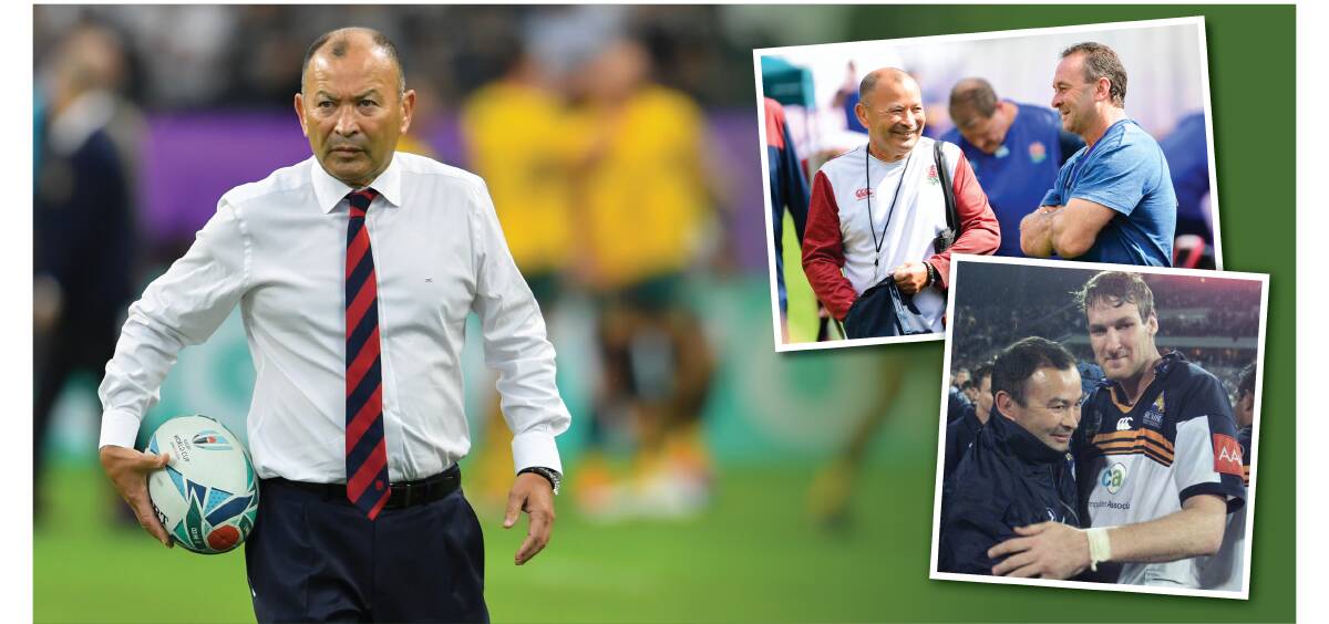 Serious business: Eddie Jones has led England to the World Cup final and, insets, Jones with Raiders coach Ricky Stuart two weeks ago and celebrating the 2001 Super Rugby title with Justin Harrison. Main picture: Getty Images
