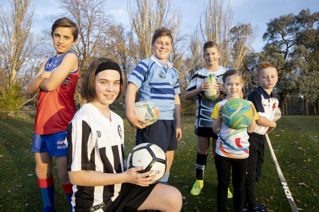 From left to right: Aiden Henderson (11), Georgie Burrows (10), Fletch Burrows (12), BJ Pumpa (12), Annabelle Brown (6) and Charlie Jenkins (9) are ready for junior sport to restart. Picture: Sitthixay Ditthavong