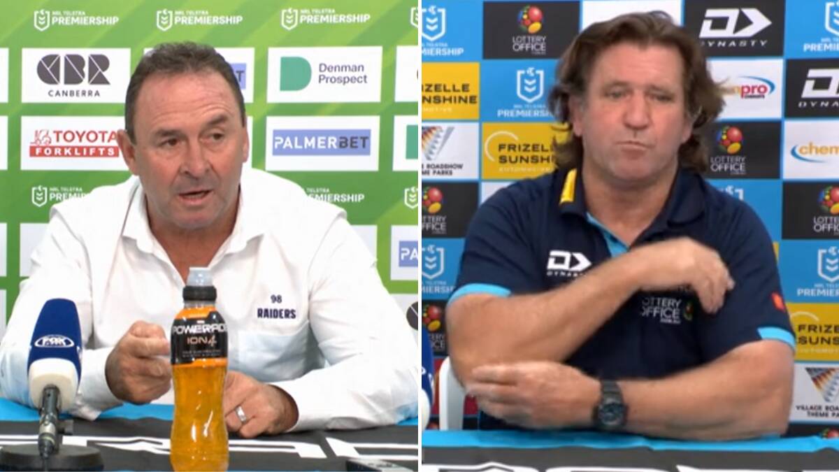 Ricky Stuart, left, and Des Hasler in their post-match press conferences.