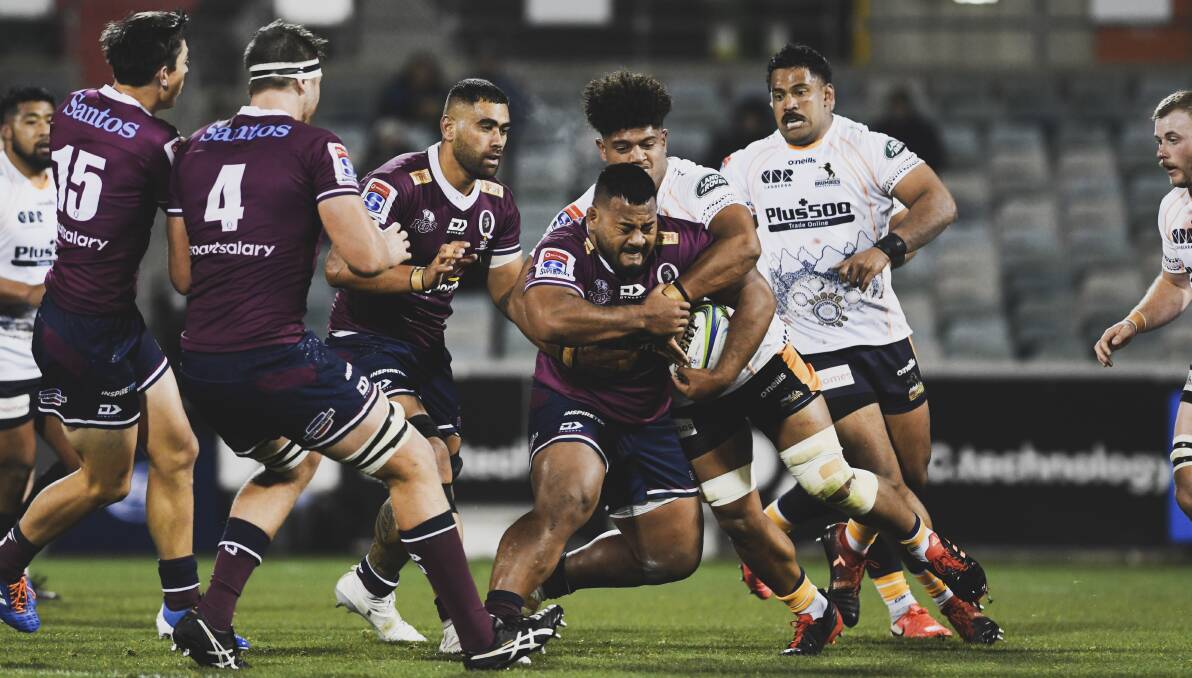 Taniela Tupou is tackled by Rob Valetini. Picture: Dion Georgopoulos