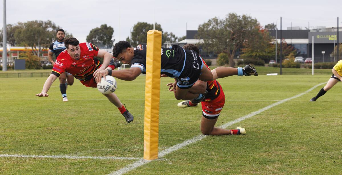 Belconnen's Manase Kaho dives over in the corner to score a try against Gungahlin. Picture by Keegan Carroll