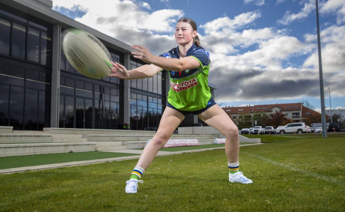 Katrina Fanning Shield and the Raiders under 19s girls player Kayla Fleming excited for the NRLW expansion announcement. Picture: Keegan Carroll