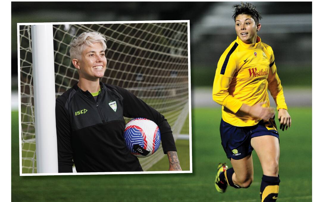 Michelle Heyman in 2024 and back in 2013 with the Matildas. Pictures by Keegan Carroll/Melissa Adams