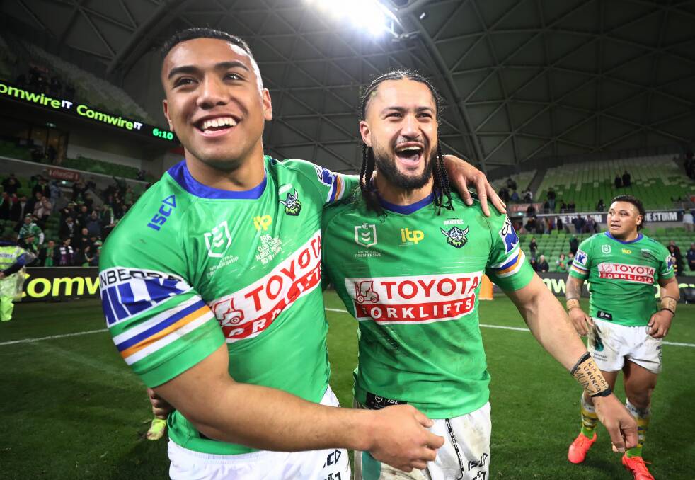 Raiders rookie Albert Hopoate, left, will start on the wing on Saturday. Picture: Getty Images