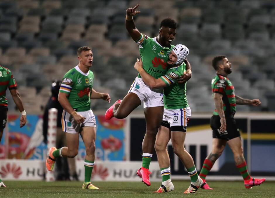 Jarrod Croker celebrates his try with Semi Valemei against the South Sydney Rabbitohs at GIO Stadium. Picture: Getty Images

