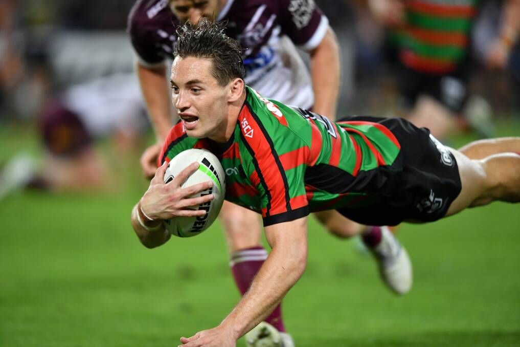Rabbitohs lock Cameron Murray scores one of his two tries on Friday night. Picture: NRL Imagery