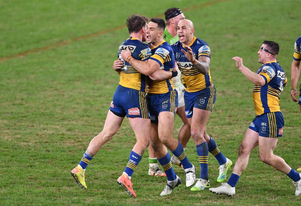 Eels players celebrate Clint Gutherson kicking the winning field goal. Picture: NRL Imagery