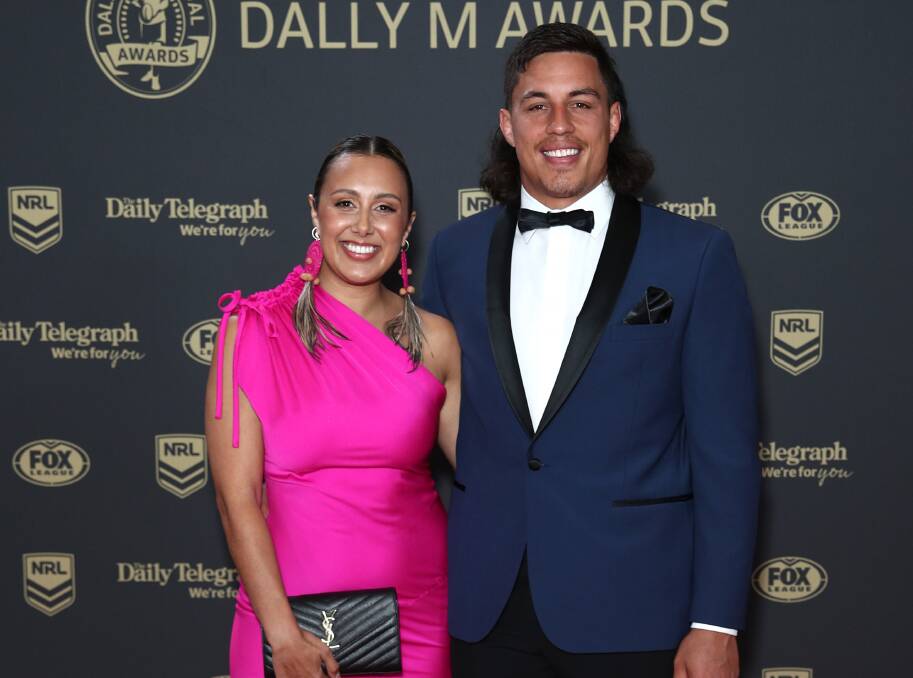 Raiders star Joseph Tapine and his partner Kirsten arrive ahead of the 2022 Dally M awards in Sydney on Wednesday night. Picture Getty Images