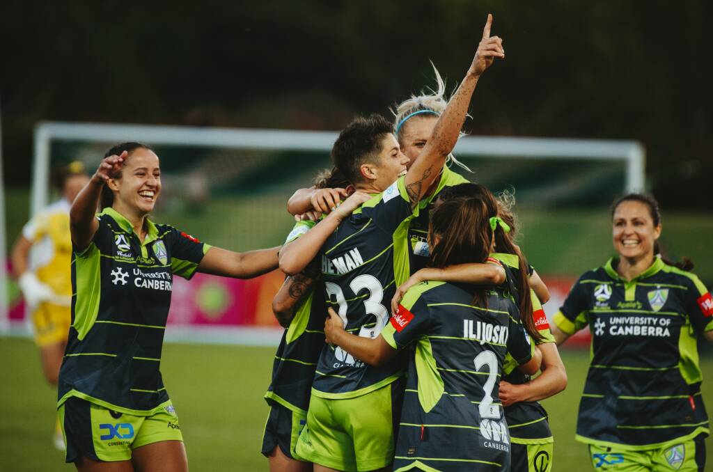 Canberra United celebrated a last-gasp victory over Perth. Picture: Dion Georgopoulos