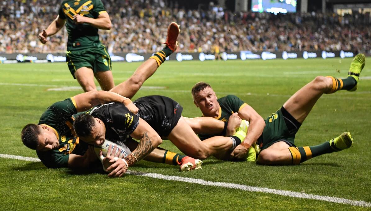 Raider Charnze Nicoll-Klokstad scored New Zealand's only try. Picture: NRL Imagery